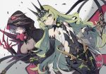  2girls asymmetrical_gloves bangs bare_shoulders black_bodysuit black_cape black_dress black_gloves black_hair bodysuit breasts cape claw_(weapon) claw_ring crown dress earrings gloves green_eyes green_hair grin honkai_(series) honkai_impact_3rd jewelry long_hair looking_at_viewer mismatched_gloves mobius_(honkai_impact) mole mole_under_mouth multiple_girls purple_eyes raven_(honkai_impact) short_hair single_earring single_sleeve sleeveless sleeveless_dress smile takase_(takase1214) teeth wavy_hair weapon white_background 