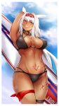  1girl aino_chuan_daoshi animal_ears arm_up armpits bangs bikini black_bikini black_hairband blue_eyes body_markings breasts caenis_(fate) caenis_(swimsuit_rider)_(fate) caenis_(swimsuit_rider)_(first_ascension)_(fate) cleavage cloud cloudy_sky cowboy_shot dark-skinned_female dark_skin eyewear_on_head fate/grand_order fate_(series) grin hairband highres long_hair looking_at_viewer medium_breasts navel red_eyewear sky smile sunglasses surfboard swimsuit teeth thigh_strap white_hair 