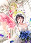  2girls bare_shoulders black_hair blonde_hair blue_eyes blue_flower bouquet braid breasts bridal_veil bride brown_eyes church cleavage cowboy_shot detached_sleeves dress dsmile elbow_gloves falling_petals floral_dress flower full_body furutachi_ren gloves hair_between_eyes hayahoshi_akuru holding holding_bouquet indoors long_hair medium_breasts medium_hair multiple_girls open_mouth oshi_no_love_yori_koi_no_love out_of_frame outstretched_arms outstretched_hand own_hands_clasped own_hands_together petals pink_dress pink_footwear pump shouting strapless strapless_dress teeth upper_teeth veil wedding_dress white_dress white_gloves 