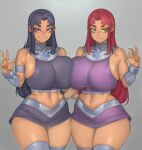  2girls absurdres black_hair blackfire breast_press breasts colored_sclera curvy dc_comics green_eyes green_sclera grey_background hand_on_another&#039;s_back highres huge_breasts kelvin_hiu long_hair looking_at_viewer miniskirt multiple_girls navel purple_eyes purple_hair purple_sclera red_hair siblings sideways_glance sisters skirt smile starfire sweat symmetrical_docking teen_titans thick_thighs thighhighs thighs 