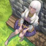  1girl barefoot bench blush breasts commentary dress fire_emblem fire_emblem:_three_houses highres long_hair long_sleeves looking_at_viewer lysithea_von_ordelia nanbu_yasumi pink_eyes sidelocks sitting sleeves_rolled_up solo stone_wall sweat tree_shade wall white_hair 