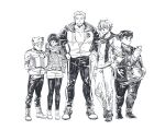 1girl 4boys blackcatlandr boots commentary_request full_body greyscale grin hand_up height_difference highres holding holding_map holding_phone hood hooded_jacket jacket long_hair map master_1_(housamo) master_2_(housamo) master_3_(housamo) master_4_(housamo) master_5_(housamo) monochrome multiple_boys muscular muscular_male open_clothes open_jacket pantyhose partially_unzipped phone plump scarf shoes short_hair shorts smile sneakers sweater tokyo_afterschool_summoners turtleneck turtleneck_sweater white_background 