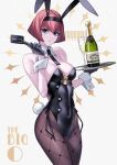  1girl :&lt; alcohol alternate_costume animal_ears bags_under_eyes ban!_(bansankan) barcode bare_shoulders black_eyes black_gloves bob_cut breasts brown_pantyhose card_between_fingers champagne champagne_flute character_name cleavage copyright_name cowboy_shot cup detached_collar drinking_glass fishnet_pantyhose fishnets gloves highres id_card lips looking_to_the_side pantyhose playboy_bunny r_dorothy_wayneright rabbit_ears red_hair simple_background solid_circle_pupils solo the_big_o thighs tray wrist_cuffs 