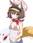  1girl animal_ear_fluff animal_ears ball bangs bare_arms bare_shoulders beachball bikini bikini_under_clothes blue_archive blue_shorts breasts brown_eyes brown_hair brown_headwear closed_mouth collarbone commentary_request flower fox_ears fox_girl fox_tail hair_between_eyes hair_flower hair_ornament halo highres holding holding_ball izuna_(blue_archive) izuna_(swimsuit)_(blue_archive) looking_at_viewer navel orange_flower ryuinu shorts simple_background small_breasts smile solo striped striped_bikini swimsuit tail transparent visor_cap white_background 