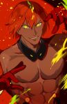  1boy abs ashwatthama_(fate) bangs black_collar collar commentary_request dark-skinned_male dark_skin fate/grand_order fate_(series) forehead_jewel gloves hair_between_eyes highres jewelry looking_at_viewer male_focus muscular muscular_male nipples okra_ecory pectorals red_gloves red_hair short_hair smile solo teeth topless_male upper_body yellow_eyes 
