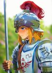  absurdres armor bangs blonde_hair blue_eyes blurry blurry_background brown_gloves earrings fingerless_gloves from_side gloves helm helmet highres holding holding_sword holding_weapon jewelry link medium_hair outdoors parted_lips shoulder_armor soldier&#039;s_set_(zelda) solo sword teeth the_legend_of_zelda the_legend_of_zelda:_breath_of_the_wild upper_body weapon zzom_b 