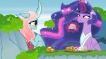  absurd_res eating equid equine friendship_is_magic fur furniture hair hasbro hi_res horn mammal my_little_pony ocellus_(mlp) orange_eyes orin331 pink_hair purple_body purple_fur purple_hair reformed_changeling scrunchy_face table twilight_sparkle_(mlp) winged_unicorn wings 