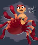  2022 anthro arachnid arthropod breasts clothed clothing clothing_pull dialogue dreamworks english_text erect_nipples female full-length_portrait genitals hi_res holding_leg honeymono looking_at_viewer ms._tarantula_(the_bad_guys) mygalomorph nipples open_mouth partially_clothed portrait pussy solo spider talking_to_viewer tarantula text the_bad_guys tooth_gap 
