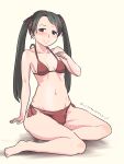  1girl barefoot bikini black_hair breasts brown_bikini brown_eyes collarbone commentary_request highres kantai_collection long_hair looking_at_viewer mikuma_(kancolle) side-tie_bikini_bottom simple_background small_breasts smile solo swimsuit thrux twintails white_background 