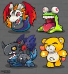  airdramon artist_name claws colored_skin digimon digimon_(creature) digimon_world full_body green_skin grey_background looking_at_viewer metalgreymon_virus monzaemon no_humans numemon open_mouth red_eyes red_wings sharp_teeth sinobali standing stuffed_animal stuffed_toy teddy_bear teeth tongue tongue_out torn_wings wings yellow_eyes 