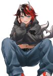  1girl absurdres alternate_costume bangs belt black_belt black_hair blue_eyes blue_pants blush commentary_request cropped_hoodie demon_girl demon_horns demon_tail denim ear_piercing earrings feet_out_of_frame gin_(tttetu123) grey_hoodie hand_on_own_cheek hand_on_own_face highres hood hood_down hoodie horns jeans jewelry long_sleeves looking_at_viewer midriff multicolored_hair navel navel_piercing open_mouth pants piercing pointy_ears red_footwear red_hair ring ryugasaki_rene shoes short_hair simple_background smile sneakers solo sugar_lyric tail transparent_background two-tone_hair virtual_youtuber 