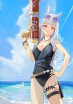  1girl amano_kokoko animal_ears bangs black_one-piece_swimsuit blue_sky blunt_bangs bracelet breasts casual_one-piece_swimsuit cleavage collarbone cowboy_shot day eyewear_on_head gold_ship_(run_revolt_launcher)_(umamusume) gold_ship_(umamusume) grey_hair hand_on_hip highres holding holding_water_gun holster horse_ears horse_girl jewelry large_breasts long_hair looking_at_viewer necklace ocean one-piece_swimsuit outdoors parted_lips purple-tinted_eyewear purple_eyes sky smile solo sunglasses swimsuit thigh_holster thigh_strap tinted_eyewear trigger_discipline umamusume v-shaped_eyebrows water water_gun yellow-framed_eyewear 
