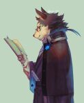  1boy animal_ears black_fur black_sclera blue_eyes blue_fire book colored_sclera commentary_request dog_boy dog_ears eyewear_strap fire furry furry_male glasses green_background holding holding_book japanese_clothes male_focus masanori_(housamo) smile snout solo sora-ya_(uya_kyo) tokyo_afterschool_summoners twitter_username two-tone_fur upper_body white_fur 