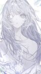  1girl bare_shoulders collarbone eyelashes grey_eyes grey_hair hair_ornament heterochromia highres long_eyelashes long_hair original painterly parted_lips red_pupils solo suimin_(sui_0y0) translation_request white_eyes white_theme 
