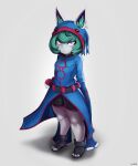  absurd_res clothed clothing cranihum feet female generation_3_pokemon green_hair hair hi_res humanoid kyogre league_of_legends legendary_pokemon nintendo not_furry pokemon pokemon_(species) purple_eyes riot_games simple_background solo standing toes vex_(lol) video_games yordle 