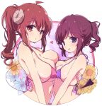  2girls :p ahoge bikini breast_press breasts commentary_request cropped_torso curled_horns demon_girl demon_horns demon_tail hair_between_eyes heart horns large_breasts long_hair looking_at_viewer machikado_mazoku medium_breasts mel_(melty_pot) multiple_girls navel pink_bikini ponytail purple_bikini purple_eyes purple_hair red_eyes red_hair short_hair siblings simple_background sisters swimsuit symmetrical_docking tail tongue tongue_out upper_body white_background yoshida_ryouko yoshida_yuuko_(machikado_mazoku) 