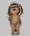  2022 anthro ash_(sing) blush breasts brown_body brown_fur brown_nipples clenched_teeth clothed clothing clothing_pull female front_view full-length_portrait fur genitals hi_res honeymono illumination_entertainment mammal nipples panties panty_pull pink_clothing pink_panties pink_underwear porcupine portrait pussy pussy_floss rodent sing_(movie) solo teeth topless topless_anthro topless_female underwear underwear_pull 