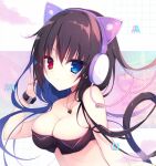  1girl animal_ear_headphones animal_ears bangs barcode barcode_tattoo bare_shoulders black_hair blue_eyes blue_hair blush breasts cleavage closed_mouth collarbone commentary fake_animal_ears four-leaf_clover_necklace hair_between_eyes hair_over_shoulder hand_up heart heterochromia highres large_breasts long_hair looking_at_viewer low_twintails muku_(apupop) multicolored_hair original red_eyes solo tattoo twintails two-tone_hair upper_body very_long_hair 