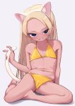  1girl absurdres animal_ear_fluff animal_ears bare_arms bare_legs bare_shoulders barefoot bikini blonde_hair blue_eyes blush bouen cat_ears cat_tail commentary_request fake_animal_ears flat_chest forehead full_body grey_background hairband highres holding_tail long_hair looking_at_viewer navel original parted_lips shadow simple_background smile solo swimsuit tail very_long_hair white_hairband yellow_bikini 