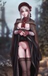  1girl artist_name ass_visible_through_thighs black_garter_straps black_skirt black_thighhighs bloodborne blurry blurry_background bonnet breasts breasts_out brown_cloak cloak clothes_lift commentary day doll_joints english_commentary grey_eyes highres joints lifted_by_self long_skirt long_sleeves nipples open_clothes open_shirt outdoors personal_ami plain_doll pussy shirt skirt skirt_lift small_breasts solo thigh_gap thighhighs white_hair white_shirt 