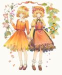  2girls aki_minoriko aki_shizuha apron autumn_leaves bangs black_ribbon black_skirt blonde_hair bobby_socks brown_footwear bug butterfly center_frills closed_mouth commentary_request flower food food-themed_hair_ornament frilled_shirt_collar frills fruit full_body grape_hair_ornament hair_ornament hat highres holding holding_flower holding_hands hourai_kiriri leaf loafers long_sleeves looking_at_viewer mary_janes mob_cap multiple_girls open_mouth orange_apron orange_eyes orange_headwear orange_shirt orange_skirt purple_flower ribbon shirt shoes short_hair siblings sisters skirt socks touhou white_background white_socks yellow_shirt 