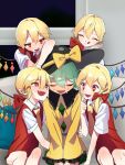  10000_we 1girl 4boys :d ascot bangs blonde_hair blush buttons closed_eyes collar commentary couch crystal diamond_button fang flandre_scarlet four_of_a_kind_(touhou) frilled_collar frilled_sleeves frills full-face_blush genderswap genderswap_(ftm) green_hair hair_between_eyes hair_ribbon heart heart-shaped_pupils hetero highres komeiji_koishi long_sleeves looking_at_another multiple_boys one_side_up open_mouth pointy_ears red_eyes red_ribbon ribbon shirt short_hair short_sleeves smile symbol-shaped_pupils tongue tongue_out touhou wide_sleeves wings yellow_ascot yellow_shirt 