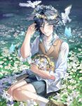  1boy bird black_hair blue_butterfly blue_hair bouquet braid bug butterfly daisy dandelion dove field flower flower_field genshin_impact gradient_hair grass highres lily_(flower) lily_pad male_focus multicolored_hair nako_miaw solo twin_braids venti_(genshin_impact) white_butterfly white_flower 