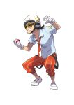  1boy :d absurdres artist_request brown_hair collar collared_shirt gloves goggles helmet highres holding holding_poke_ball medium_hair motorcycle_helmet necktie official_art orange_necktie orange_pants pants pants_rolled_up poke_ball pokemon pokemon_(game) pokemon_sv shirt simple_background smile solo squatting star-shaped_eyewear suspenders suspenders_hanging team_star team_star_grunt transparent_background white_collar white_footwear white_gloves white_shirt 