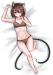  1girl absurdres animal_ear_fluff animal_ears barefoot bed_sheet black_bra bow bow_panties bra breasts brown_hair cat_ears cat_girl cat_tail chen earrings highres jewelry lying multiple_tails on_back on_bed panties piercing single_earring solo tail touhou tsubakipan underwear 