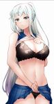  1girl bangs black_panties blue_eyes blue_hair blue_skirt bra breasts clothes_lift commentary_request hand_on_own_chest highres kawasaki_saki lace-trimmed_bra lace-trimmed_panties lace_trim large_breasts lifted_by_self light_blue_hair long_hair looking_at_viewer mole mole_under_eye navel panties ponytail purple_eyes red_hayao skirt skirt_lift solo underwear yahari_ore_no_seishun_lovecome_wa_machigatteiru. 