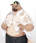  2022 anthro belly big_belly bottomwear brown_body canid canine canis clothing domestic_dog hi_res humanoid_hands kemono lifewonders male mammal moobs navel nipples overweight overweight_male pants scar shirt simple_background solo sora_idiotka tokyo_afterschool_summoners topwear video_games wet wet_clothing wet_shirt wet_topwear yasuyori 