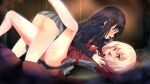  2girls :d ass bangs black_dress black_hair blonde_hair breast_grab commentary_request dress eye_contact feet_out_of_frame gc3 girl_on_top grabbing grey_dress hair_between_eyes highres inoue_takina knee_up leg_up long_hair looking_at_another lycoris_recoil lying multiple_girls nishikigi_chisato no_panties on_back on_floor profile purple_eyes red_dress red_eyes red_ribbon ribbon ribbon_removed smile two-tone_dress untied_ribbon very_long_hair yuri 