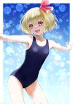  1girl blonde_hair blue_one-piece_swimsuit bosutonii commentary_request flat_chest hair_ribbon highres leaning_forward looking_at_viewer medium_hair new_school_swimsuit outstretched_arms red_eyes ribbon rumia school_swimsuit smile solo standing swimsuit touhou upper_body 
