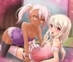  2girls after_kiss arm_support asymmetrical_bangs bangs bare_shoulders black_thighhighs blush breasts chloe_von_einzbern collarbone dark-skinned_female dark_skin duplicate fate/kaleid_liner_prisma_illya fate_(series) female_pervert flat_chest girl_on_top hair_ornament highres illyasviel_von_einzbern indoors looking_at_viewer lying miniskirt multiple_girls negija nipple_slip nipples no_bra open_mouth pervert pink_hair pink_shirt pixel-perfect_duplicate plaid pleated_skirt purple_shirt red_eyes saliva saliva_trail shirt short_shorts shorts side_ponytail sidelocks skirt sleeveless sleeveless_shirt small_breasts smile striped striped_thighhighs thighhighs tongue tongue_out two-tone_skirt white_hair yellow_eyes yuri 