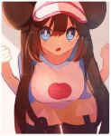  1girl bare_arms black_pantyhose blue_background blue_eyes breasts bright_pupils brown_hair cowboy_shot double_bun doughnut_hair_bun hair_bun highres hottomiruku large_breasts leaning_forward legwear_under_shorts long_hair looking_at_viewer open_mouth pantyhose pokemon pokemon_(game) pokemon_bw2 print_shirt raglan_sleeves ribbon rosa_(pokemon) shirt short_shorts shorts solo twintails v-shaped_eyebrows visor_cap white_pupils yellow_shorts 