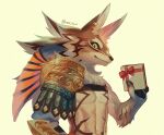  1boy animal_ears armor body_fur bow box brown_fur chest_harness chest_tuft colored_sclera commentary_request ear_piercing furry furry_male green_sclera harness holding holding_box jackal_boy jackal_ears long_hair looking_at_viewer markings piercing seth_(housamo) shoulder_armor solo sora-ya_(uya_kyo) tokyo_afterschool_summoners toned toned_male twitter_username two-tone_fur upper_body valentine white_fur yellow_background 