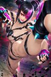  1girl ass aura bangs black_hair blurry blurry_foreground breasts collar debris diagonal_bangs feet_out_of_frame fingernails fisheye foreshortening green_nails hair_horns hair_ornament hair_over_one_eye han_juri large_breasts lipstick looking_at_viewer makeup medium_hair multicolored_hair nail_polish neoartcore parted_lips pink_hair pink_lips red_eyes smile solo spiked_collar spikes split standing standing_on_one_leg standing_split street_fighter street_fighter_6 sweat toeless_footwear two-tone_hair v-shaped_eyebrows wide_spread_legs 