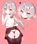  1boy ass black_panties black_skirt blush bow bulge closed_mouth clothes_lift grey_hair hair_bow half-closed_eyes heart ikr_(artist) licking_lips lifted_by_self long_hair looking_at_viewer looking_back male_focus otoko_no_ko panties pink_background shirt simple_background skirt skirt_lift sleeveless sleeveless_shirt smile solo tongkkangi tongkkangi_(streamer) tongue tongue_out underwear white_shirt yellow_eyes 