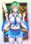  1girl bare_shoulders blue_skirt blush breasts cleavage clenched_hands collared_shirt cropped_shirt detached_sleeves frog_hair_ornament green_eyes green_hair hair_between_eyes hair_ornament hair_tubes hands_up happy highres kochiya_sanae large_breasts long_hair looking_at_viewer medium_skirt midriff navel nontraditional_miko puck100ml ribbon-trimmed_thighhighs shirt skirt smile solo standing thighhighs thighs touhou very_long_hair white_shirt wide_sleeves 