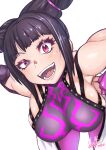  1girl bangs bare_shoulders bent_over black_hair breasts bridal_gauntlets cowboy_shot eyelashes fangs hair_horns half-closed_eye han_juri hands_on_hips highres hori_shin large_breasts legs_apart looking_at_viewer medium_hair open_mouth pants pink_eyes signature simple_background skindentation smile solo street_fighter white_background 