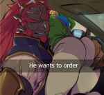  2boys ass ass_focus ass_grab car_interior commentary dark_skin drive-thru english_text facial_hair ganondorf green_tunic he_wants_to_order_(meme) kukumomo leaning_over link long_hair lying_on_person male_focus meme multiple_boys rear-view_mirror red_facial_hair red_hair selfie snapchat steering_wheel symbol-only_commentary the_legend_of_zelda tunic very_dark_skin yaoi 