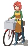  1girl alternate_costume apron bag basket bicycle check_copyright copyright_request groceries ground_vehicle highres hong_meiling pants red_hair shirosato shirt shoes simple_background sneakers solo touhou white_background 