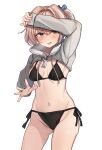  1girl aqua_eyes bikini black_bikini blue_eyes breasts cowboy_shot cropped_hoodie grey_hoodie highres hood hood_down hoodie kantai_collection kaomoji_(sagor00237) long_sleeves navel pink_hair ponytail shiranui_(kancolle) short_hair short_ponytail side-tie_bikini_bottom small_breasts solo standing sweat swimsuit white_background 