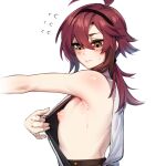  1boy ahoge alternate_eye_color androgynous armpits blush brown_eyes commentary_request from_side genshin_impact hair_between_eyes in_(ain) korean_commentary long_hair low_ponytail male_focus mole mole_on_armpit mole_under_eye nipples ponytail puffy_nipples red_hair shikanoin_heizou sleeveless solo sweat sweatdrop upper_body white_background 