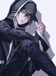  1boy bangs black_hair black_headwear black_jacket black_pants closed_mouth commentary_request danganronpa_(series) danganronpa_v3:_killing_harmony dated feet_out_of_frame grey_background hair_between_eyes happy_birthday highres hood hood_up jacket long_sleeves looking_at_viewer male_focus multicolored_nails nail_polish pants saihara_shuuichi short_hair simple_background sitting solo striped striped_jacket watermark z-epto_(chat-noir86) 