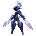  absurdres arm_blade armor blue_fire ceruledge commentary english_commentary fiery_hair fire full_body helmet highres looking_at_viewer official_art pokemon pokemon_(creature) purple_eyes solo sword weapon 