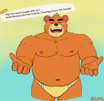  2022 animal_crossing anthro blush cleade3 clothing de3wlfy english_text eyes_closed hi_res humanoid_hands male mammal navel nintendo nipples orange_body overweight overweight_male solo teddy_(animal_crossing) text underwear ursid video_games 