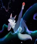  2022 anthro aurora_borealis barefoot black_eyebrows black_nose blue_body blue_fur breasts canid canine canis claws detailed_background eyebrows feet female floating fluffy fluffy_tail fur genitals half-closed_eyes hi_res illumination_entertainment lanhai long_ears looking_at_viewer lying mammal multicolored_body narrowed_eyes nipples nude on_back open_mouth pawpads paws pink_nipples pink_pawpads pinup porsha_crystal pose pussy raised_leg sing_(movie) smile smiling_at_viewer solo star two_tone_body watermark white_body white_fur wolf yellow_eyes 