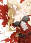  1girl amputee bare_shoulders blonde_hair blood breasts dress guro highres ichisannyonn kiss-shot_acerola-orion_heart-under-blade kizumonogatari long_hair lying monogatari_(series) no_arms on_back parted_lips sleeveless sleeveless_dress solo 