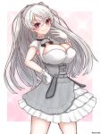  1girl armpit_cutout breasts cleavage_cutout clothing_cutout commentary_request commission conte_di_cavour_(kancolle) conte_di_cavour_nuovo_(kancolle) corset daichi_(daiti1318) dress frilled_dress frills gloves grey_hair hand_on_hip highres kantai_collection large_breasts layered_dress long_hair long_sleeves looking_at_viewer pixiv_request purple_eyes solo standing two-tone_dress two_side_up white_dress white_gloves 